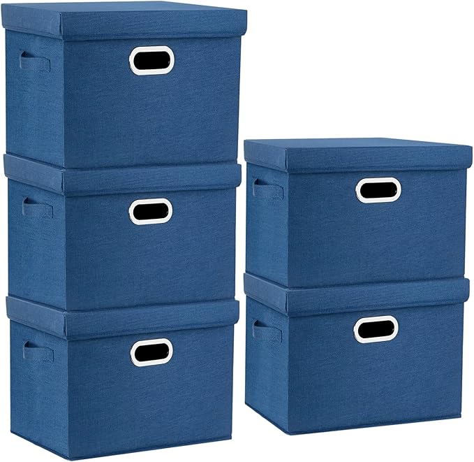 TYEERS Large Storage Bins with Lids, Collapsible, Washable, Fabric Storage Boxes for Organizing, 17.3x11.8x11.4 inches, 5 Pack, Classic Blue