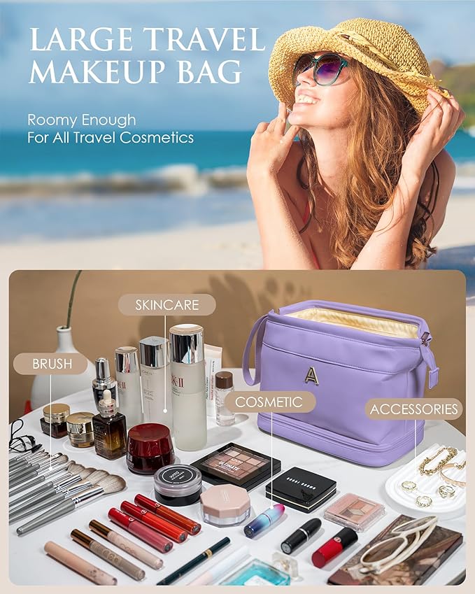 Initial Makeup Bags, Friend Gifts, Personalized Double Layer Cosmetic Bag with Makeup Brush Organizer, Waterproof, Large Capacity PU Leather Travel Toiletry Bag, Birthday Gifts for Girls