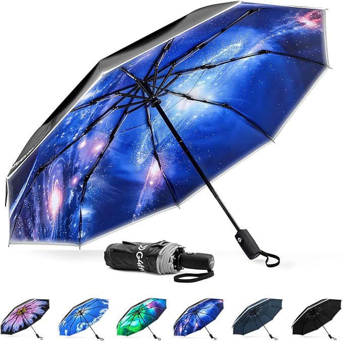 G4Free 42 Inch Eco Windproof Folding Umbrella for Rain & Sun 9 Ribs Wind Resistant Strong Fiberglass Double Canopy with Reflective Strip for Women Men Auto Open Close For Car & Backpack