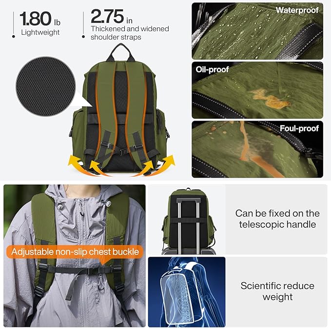 mixi Travel Backpack for Women Men, 18 Inch Carry On Laptop Backpack Flight Approved fits 16'' Laptop, Lightweight Waterproof Hiking Backpack Travel Outdoor Business Casual Daypack, Jungle Green