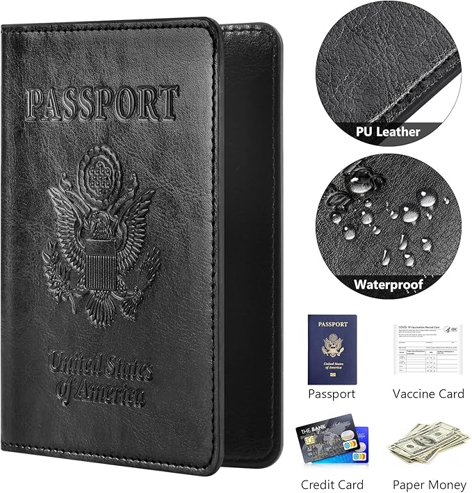 Eoehro Passport and Vaccine Card Holder Combo, Faux Leather, Compact, Lightweight, Waterproof, AA-Black