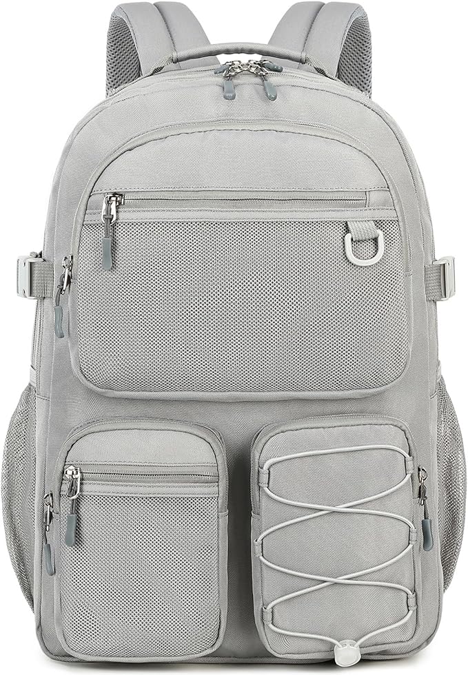 Lohol Water Resistant Daypack with Mulitiple Pockets for School Travel Outdoor College, 15.6 inch Laptop Backpack for Men and Women (Grey)