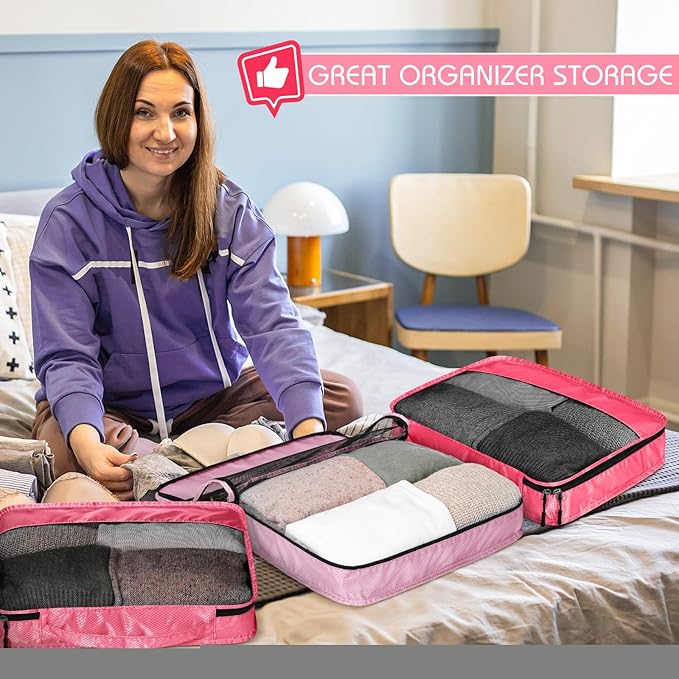 5 Pcs Packing Cubes for Suitcase Large Travel Cubes Carry on Luggage Organizer Bags for Clothes Accessories(S,Pink)