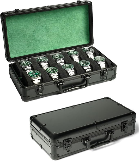 10 slots Watch organizer Case, Aluminum watch storage box, hard watch travel box, padded case for watch display and organization
