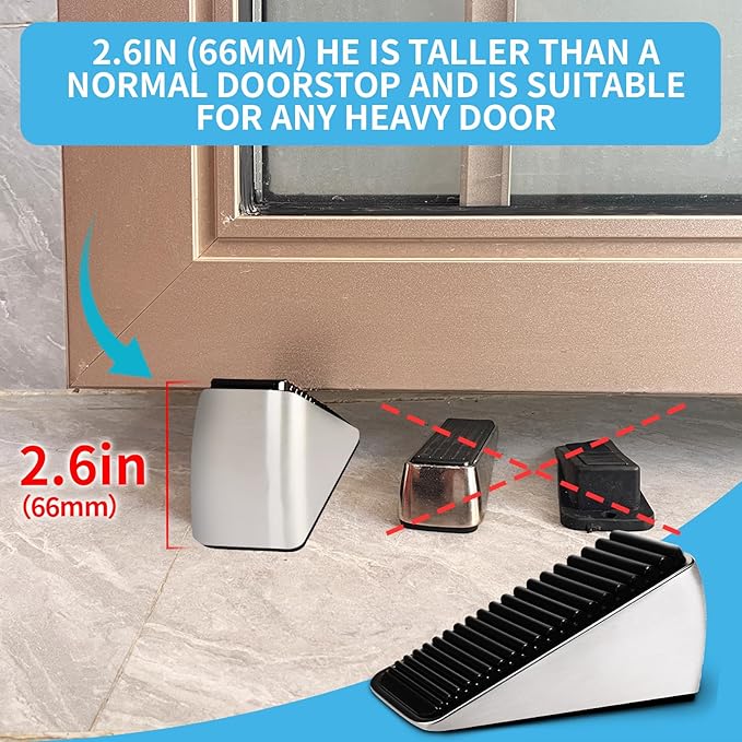 2Pc Strongest Large Door Stop - Heavy Duty Tall Door Stop Wedge Door Stoppers for Bottom of Door, Tall up to 2.6In Doorstop Zinc Alloy and Silicone Made Suits Any Heavy Door Any Smooth Floor