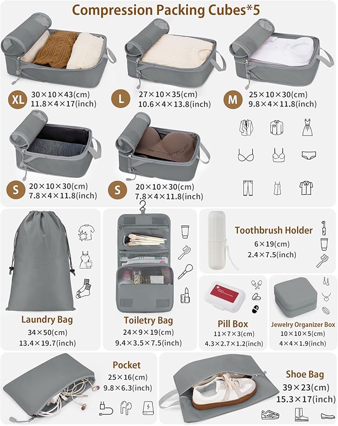 Compression Packing Cubes 12 Set, Suitcase Organizers, Extendable Packing Cubes, Gray
