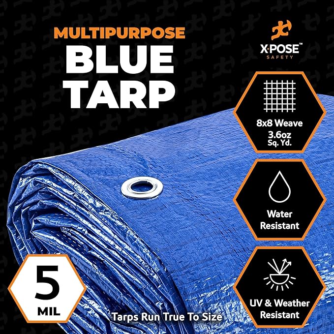 Better Blue Poly Tarp 40' x 50' - Multipurpose Protective Cover - Lightweight, Durable, Waterproof, Weather Proof - 5 Mil Thick Polyethylene - by Xpose Safety