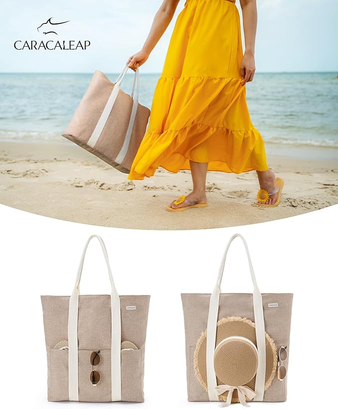Large Beach Tote Bag with Zipper-Travel Tote Bag for Women with Sun Hat Holder Strap Boho Summer Beach Tote