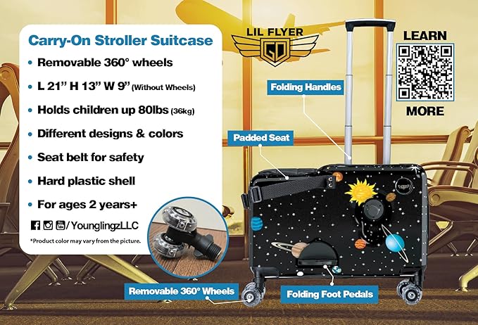 Younglingz LIL FLYER GO Version 2 Ride On Suitcase for Kids | Carry On Luggage with Toddler Seat, Foldable Handlebars, Pedals, and Removable Wheels | Holds up to 80 lbs | SPACE | Ages 2-6