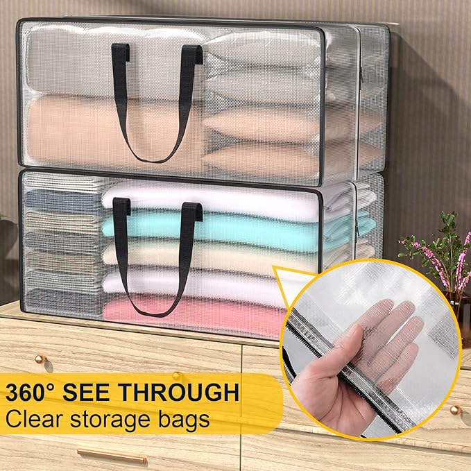 Clear Storage Bags with Zipper, 2 Pack Large Moving Bags Heavy Duty Extra Large, Plastic Storage Totes for Clothes, College dorm Packing Bag with Strong Handles