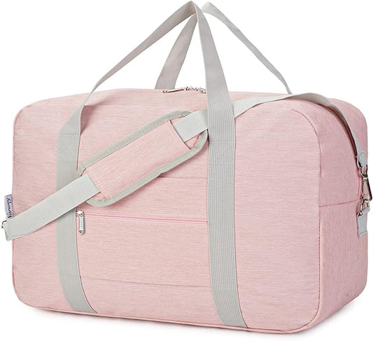 For United Airlines Foldable Carry on Bag 22x14x9 Travel Duffel Bag Packable luggage Duffle for Women and Men 40L (Pink (With Shoulder Strap))
