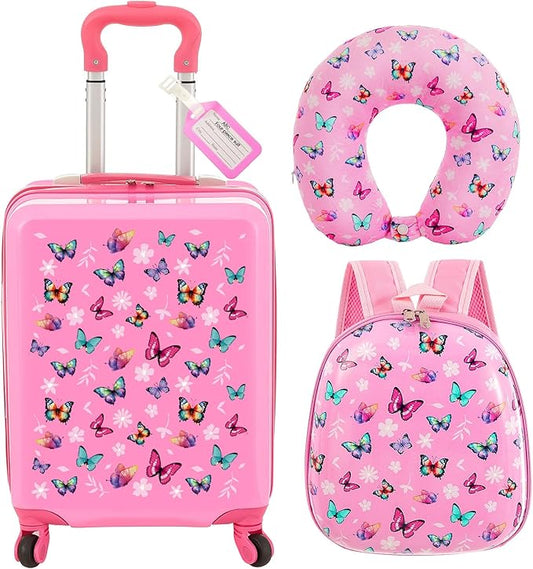 Sanwuta 4 Pcs Kids Luggage Set Kids Backpack Travel Rolling Suitcase with Wheels U-shape Pillow Childrens Gift for Girls Boys(17 Inch,Butterfly Style,Rose Pink)