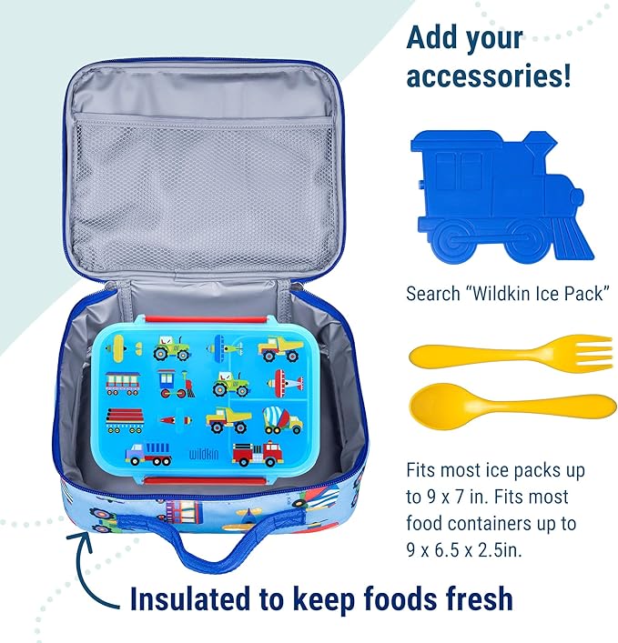 Wildkin Kids Insulated Lunch Box – Durable and Reusable for School & Travel - Trains, Planes, and Trucks