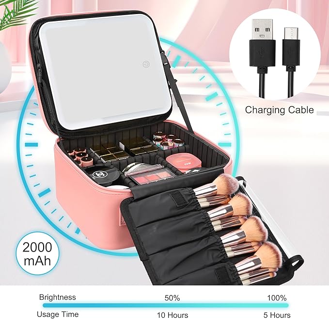 Relavel Travel Makeup Bag With LED Mirror Portable Travel Makeup Organizer 3 Color Adjustable Brightness Waterproof Cosmetic Train Case with Removable Dividers Makeup Storage for Women, Pink