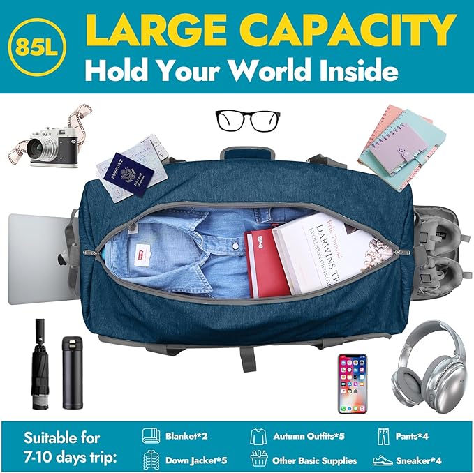 Canway 85L Travel Duffel Bag, Foldable Weekender Bag with Shoes Compartment for Men Women Water-proof & Tear Resistant