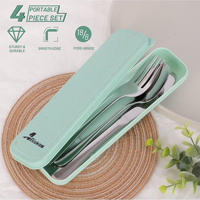 8 Picec Travel Utensils Camping utensils Travel Silverware Set with Case Fork and Spoon Set Office Stainless Steel Reusable Trip Cutlery Set Easy to journey Lightweight Lunch Box for Men