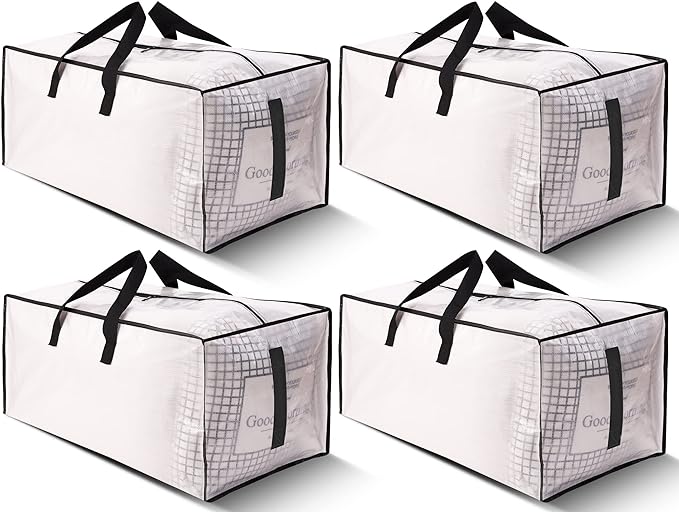 4 Pack Large Strong Moving Bags with Zippers & Carrying Handles - Water-Resistant - Heavy Duty Storage Tote for Space Saving, Fold Flat, Alternative to Moving Box (Semi-Transparent)