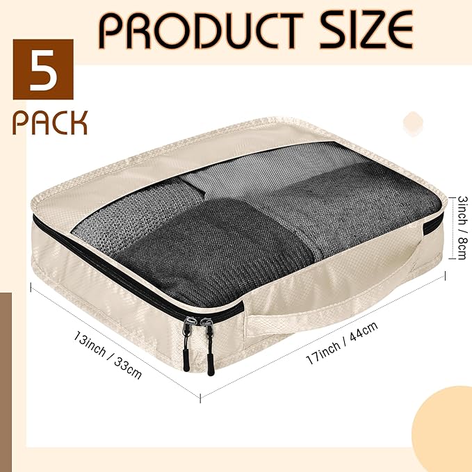 5 Pcs Packing Cubes for Suitcase Large Travel Cubes Carry on Luggage Organizer Bags for Clothes Accessories(L,Khaki)
