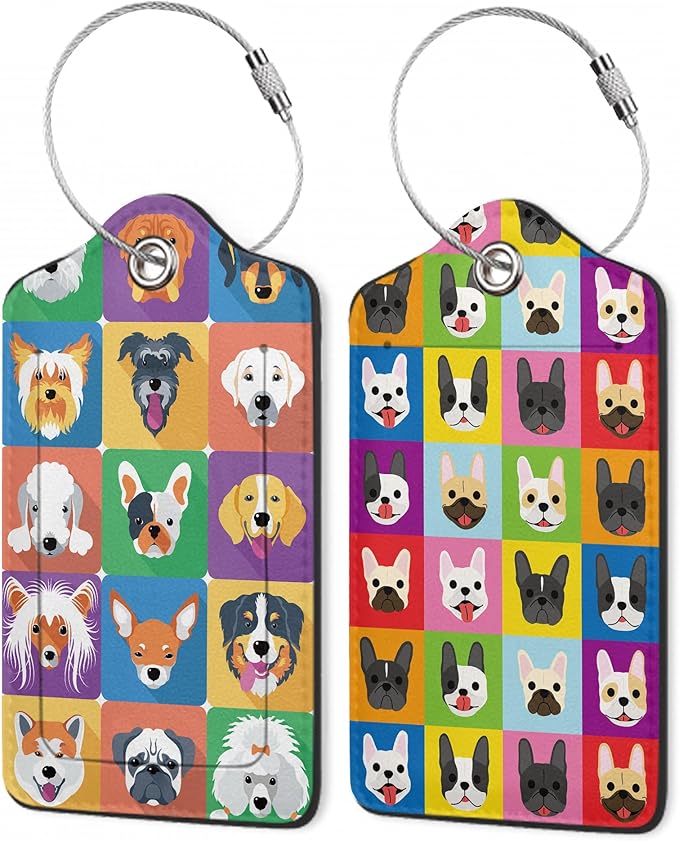Cartoon Dog Icons Luggage Tags for Suitcase,Cute Dog Breeds Luggage Tags of Set 2 Leather Identifiers Privacy Cover with Stainless Steel Loop for Women Men Travel Bag Suitcase
