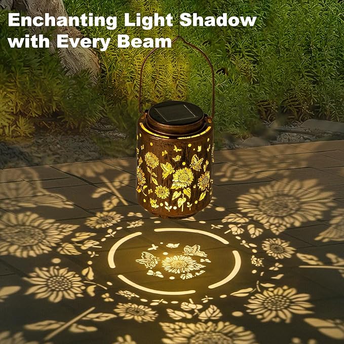 Hanging Solar Lanterns for Outside Sunflower and Butterfly Decorative Lights Warm Glow with Metal Finish Garden Lanterns Waterproof Gifts for Women Patio Décor