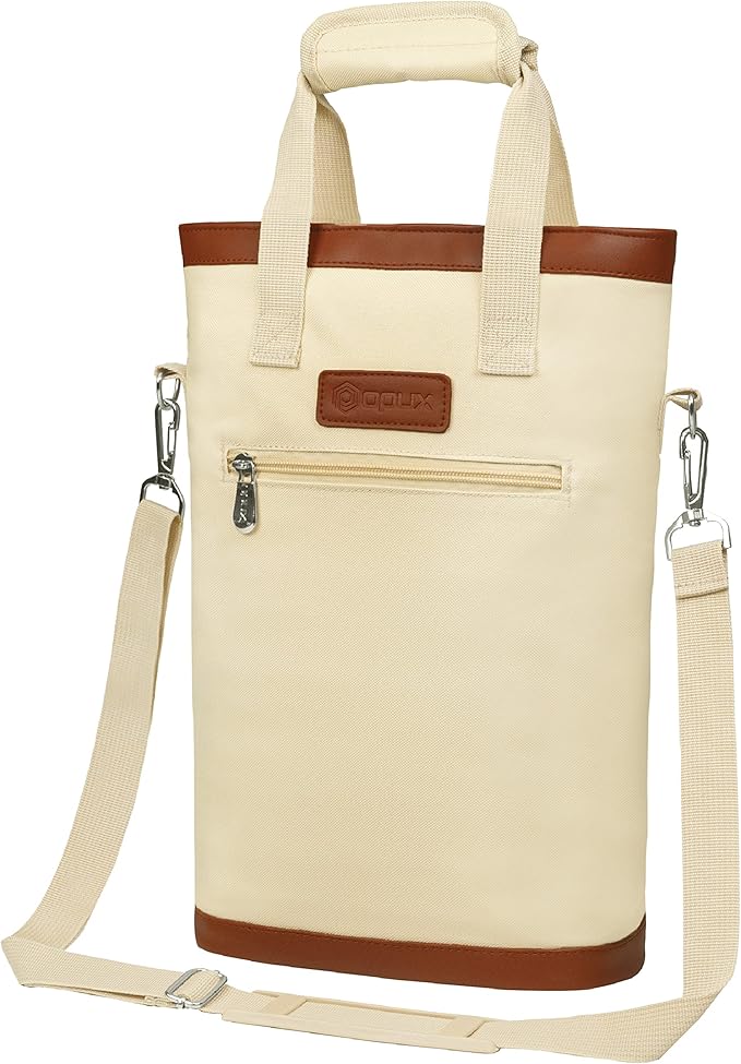opux Two Bottle Wine Bag Carrier Tote, Insulated Leakproof 2 Bottle Wine Cooler Bag for Travel BYOB Picnic, Portable Wine Case, Gift for Men Women Wine Lover Birthday Party Christmas, Cream Beige