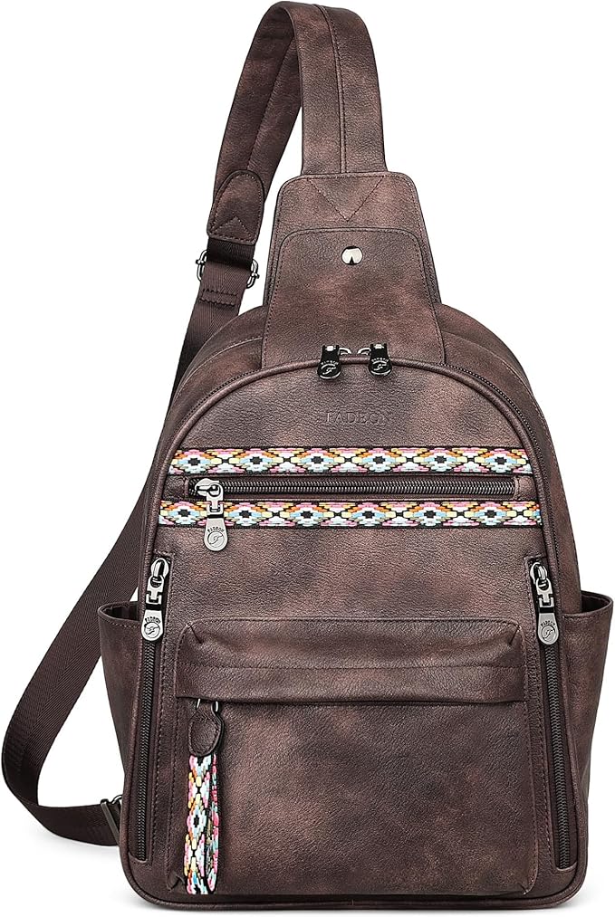 FADEON Large Sling Bag for Women, Leather Crossbody Purse Designer Anti Theft Sling Backpack, RFID Fanny Packs for Travel