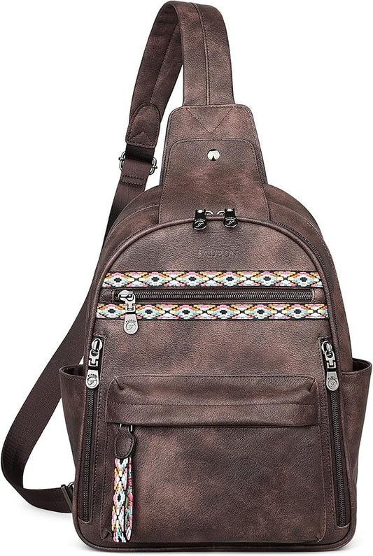 FADEON Large Sling Bag for Women, Leather Crossbody Purse Designer Anti Theft Sling Backpack, RFID Fanny Packs for Travel
