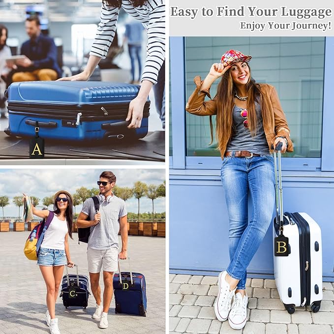 Personalized Initial Luggage Tags for Suitcase TSA Approved, Black Leather Cute Luggage Tag with Privacy Cover Name Card, Embroidered Custom Luggage Tags Travel Backpack Tags Gifts for Women Kids(S)