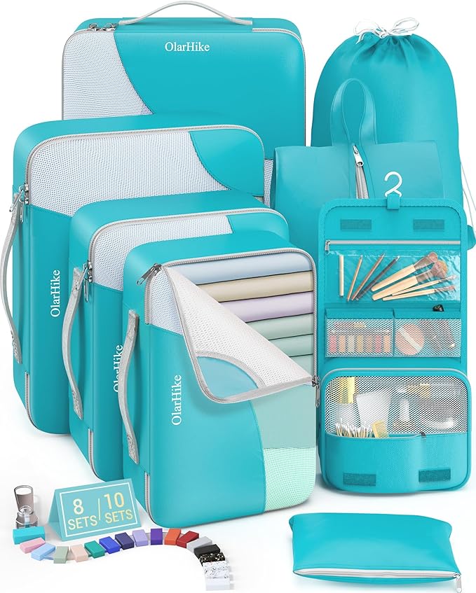 8 Set Packing Cubes for Travel, Gifts for Women Mom,Anti-Tearing Suitcase Organizer for Luggage with Shoe & Hanging Toiletry Bag,OlarHike Vacation Essentials & Accessories for Cruise Ship,Teal