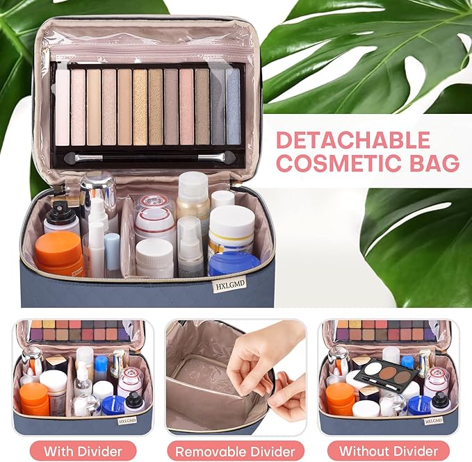 Large Makeup Bag with Mirror Double Layer Travel Make Up Organizer Case, Large Capacity Coemetic with Brush Slot Divider, Travel Toiletry Bag for Women (Aegean Blue)
