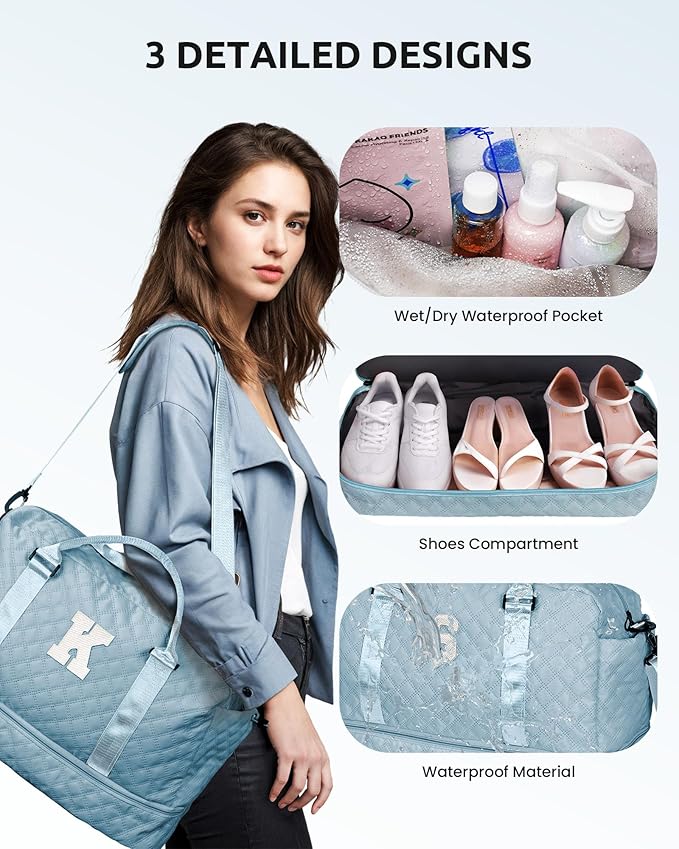 Gifts for Friends - Initial Personalized Weekender Duffle Bag with Shoe Compartment and Travel Makeup Bag for Daughter or Sister (Letter I)