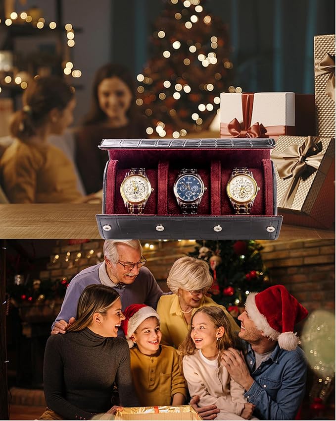 MR.OKAY 3 Watch Travel Case-Classic Leather Watch Case With Superb Texture. (Portable Watch Roll Or Organizer For Storage And Display).Festival Gift For Men, All Handcrafted By Artisans.