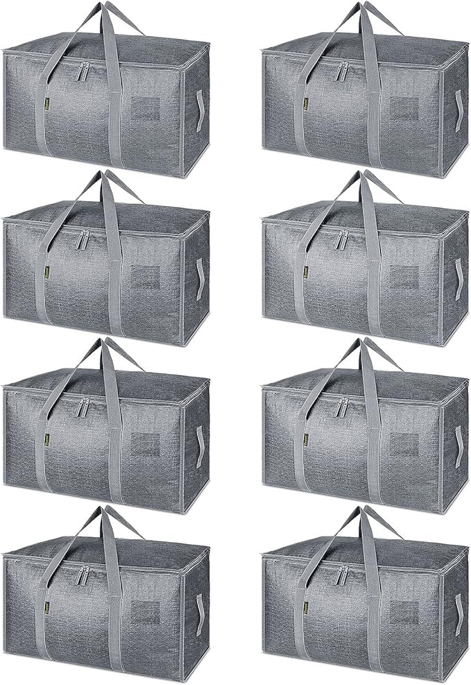 BALEINE 8-Pack Oversized Moving Bags with Reinforced Handles, Heavy-Duty Storage Tote for Clothes, Moving Supplies (Winter Grey, 8-Pack)