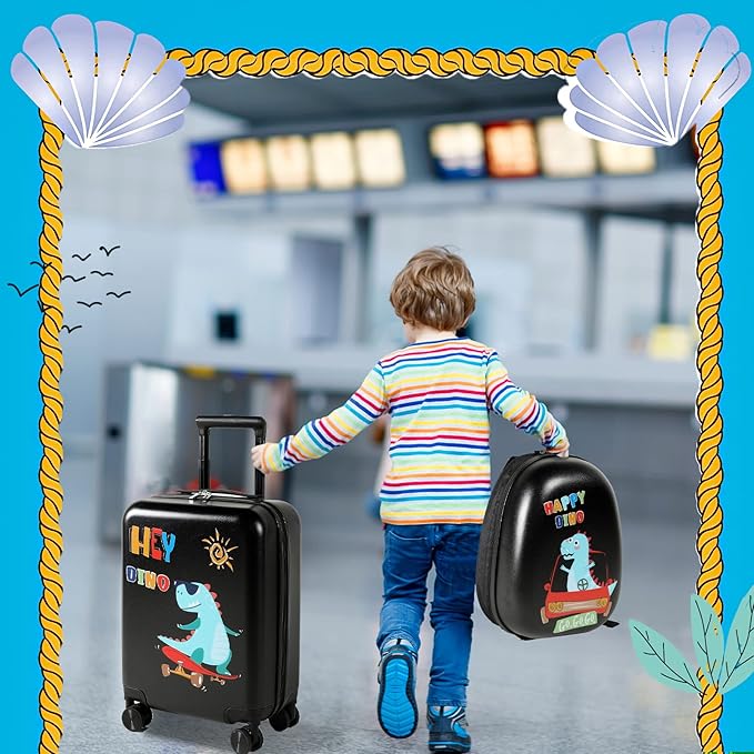 Weewooday Kids Luggage and Backpack 18" Suitcase with Spinner Wheel Hard Case Travel 13" Backpack Girl Suitcase Set for Kids Travel Supplies(Black,Dinosaur Style)