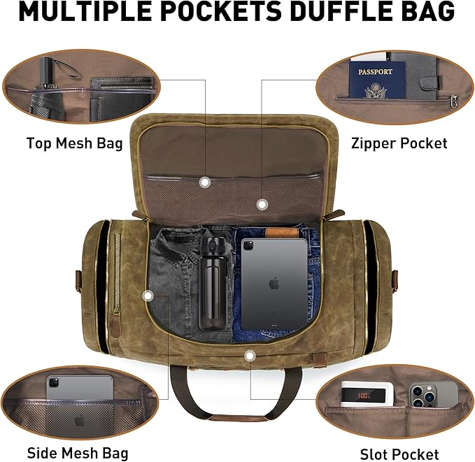 60L Travel Bags for Men, Nomad Washed Canvas Duffle Bag Vintage Genuine Leather Travel Duffel Bag Multifunctional Weekender Overnight Backpack with Shoes Compartment