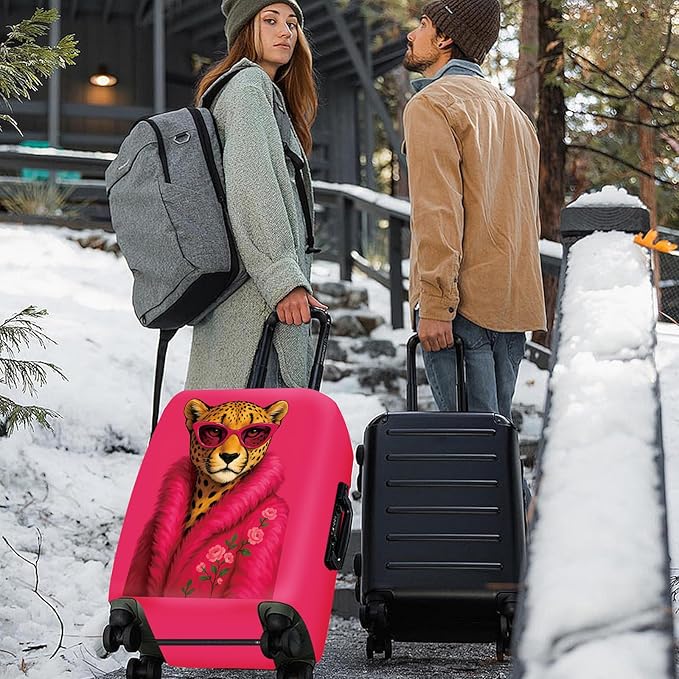 ANNA QUEEN Fashionable Leopard Luggage Cover, Leopard in Pink Coat and Sunglasses, Stretchable, Washable Travel Sleeve for 20-22 Inch Luggage