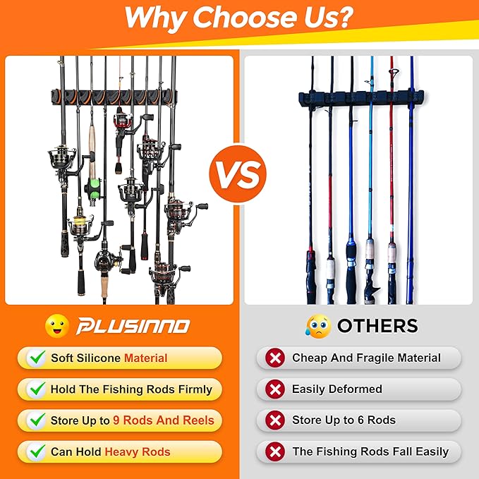 PLUSINNO V9 Vertical Fishing Rod Holders, Wall Mount 4-Pack - Holds 36 Rods, Diameter 3-19mm