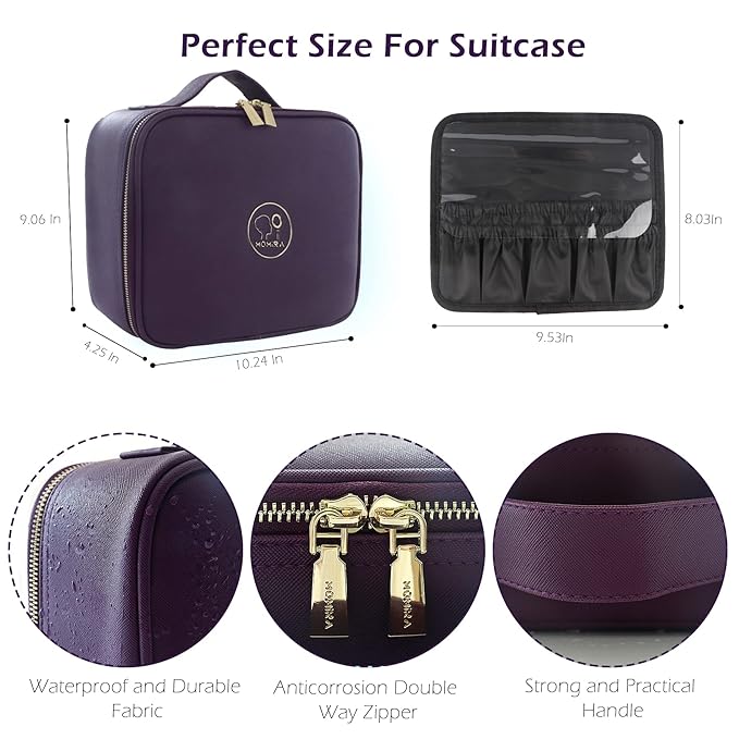MOMIRA Travel Makeup Bag Cosmetic Bag Makeup Organizer Bag with Lighted Mirror, Adjustable Brightness in 3 Color Scenarios, Waterproof Makeup Train Case, Gift for Women - Deep Purple