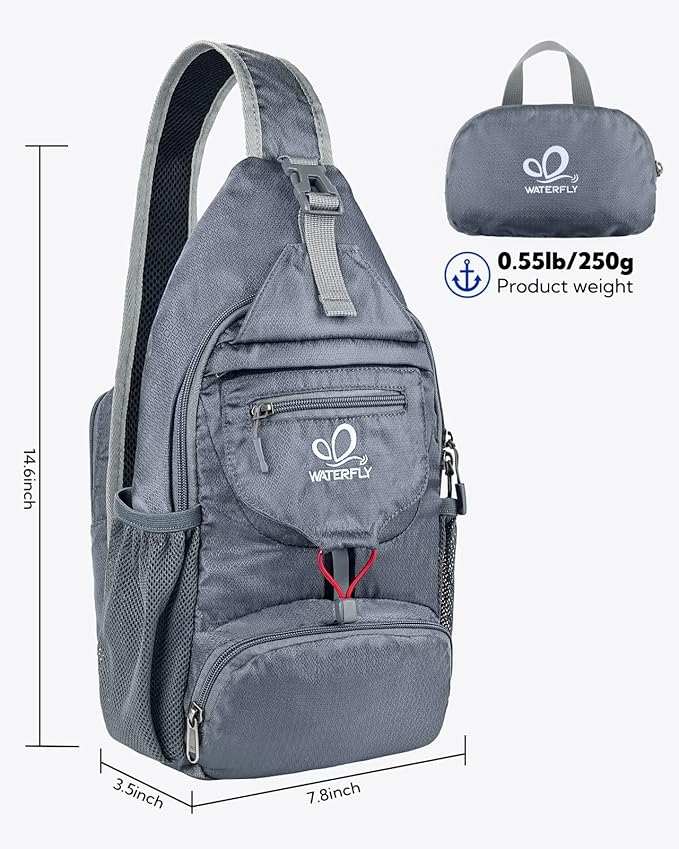 WATERFLY Packable Small Crossbody Sling Backpack Shoulder Chest Bag Daypack for Hiking Traveling