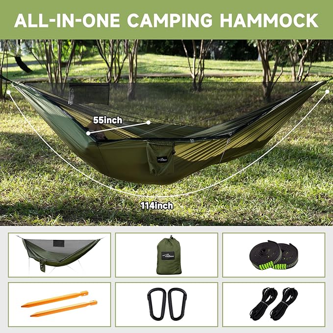 Camping Hammock with Mosquito Net and Ridge Rope, Extra Large for 2 Person, Lightweight Hanging Hammocks Tree Straps, All-in-one Fast Open Hammock for Outside, Hiking, and Travel