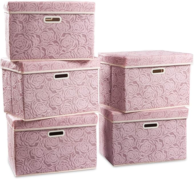 PRANDOM Large Foldable Storage Boxes with Lids [5-Pack] Fabric Decorative Storage Bin Cubes Organizer Containers Baskets with Cover Handles for Bedroom Closet Nursery Pink 17.7x11.8x11.8 Inch