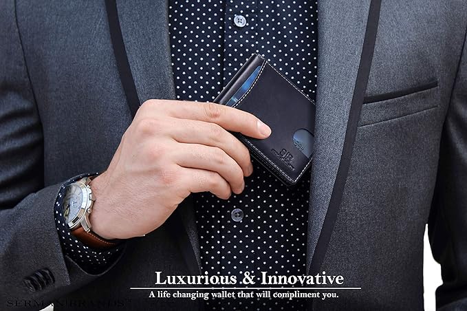 SERMAN BRANDS RFID Blocking Slim Bifold Genuine Leather Minimalist Front Pocket Wallets for Men with Money Clip Thin Mens