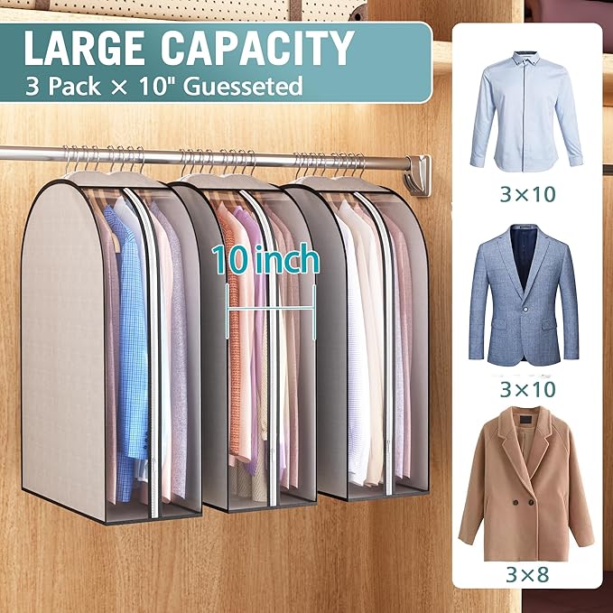 10" Gusseted Garment Bags for Hanging Clothes 32" Suit Bags for Open Closet Storage, Side Clear Clothing Cover for Coat, Dress, Jacket, Shirt, Fur Wardrobe Protector, 3 Packs, Grey