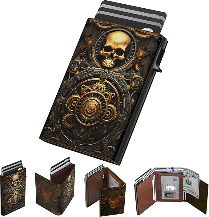 typecase Mens Wallet Card Holder: Pop Up Aluminum Case, Carbon Fiber Leather, Smart, RFID Blocking, Slim, Minimalist, Front Pocket - 9-14 Card Capacity | ID Window | Cash Slot (Skull)