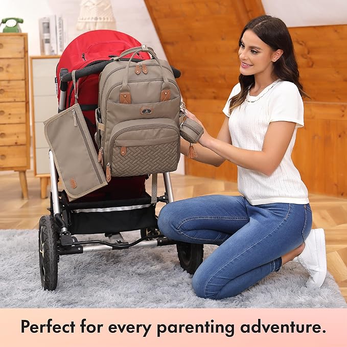 Dikaslon Diaper Bag Backpack with Portable Changing Pad, Pacifier Case and Stroller Straps, Large Unisex Baby Bags for Boys Girls, Multipurpose Travel Back Pack Moms Dads,Khaki