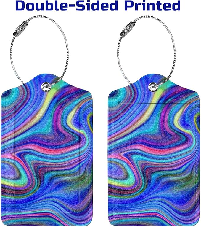 2-Packs Blue Purple Abstract Art Luggage Tags for Suitcases, Colorful Travel Label Tag with Privacy Cover Address Name ID & Stainless Steel Loop for for Adults Teens