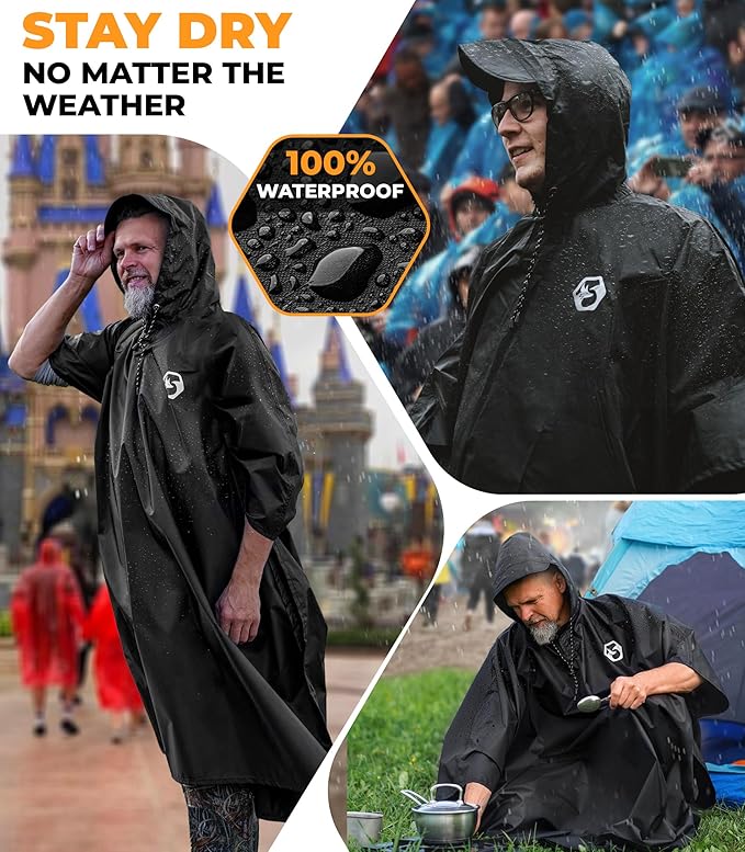 Foxelli Rain Poncho for Adults – Extra Long Reusable Waterproof Raincoat with Hood, Lightweight for Hiking, Camping, Outdoors