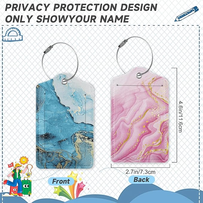 Set of 2 Luggage Tags for Suitcases, Leather Blue Fluid Marble Baggage Tags with Stainless Steel Loop, Privacy Name ID Card Cover Kawaii Travel Labels for Women Men Kids Girls