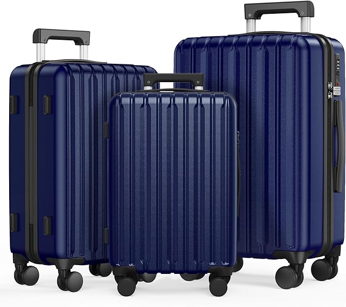 SHOWKOO Luggage Sets 3 Piece 100% PC Ultra Tough Hardside Expandable Suitcases Sets with TSA Lock Double Spinner Wheels (20in/24in/28in, Blue