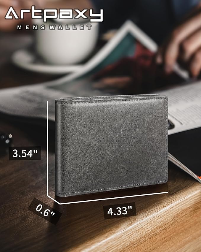 Mens Wallet Bifold Genuine Leather RFID Blocking Wallet for Men with 1 ID Windows 13 Card Holders 2 cash pockets 1 Gift Box